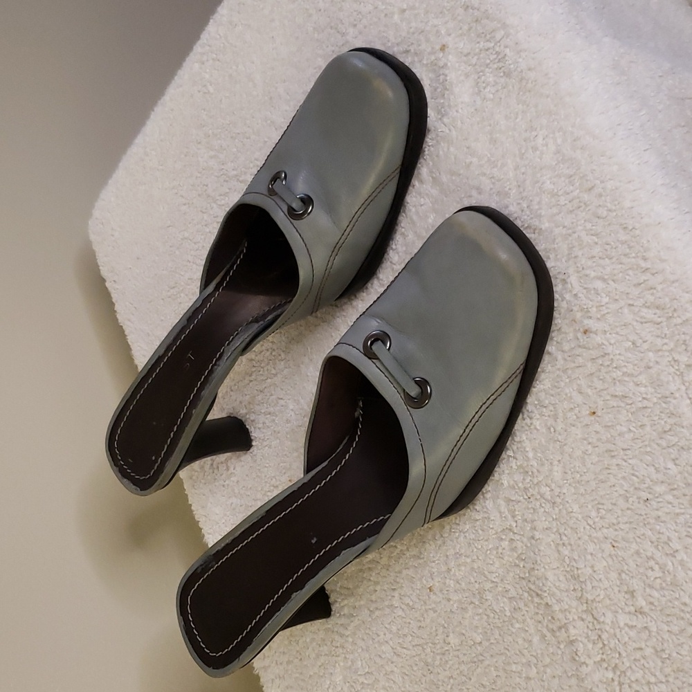 Nine West gray mules with brown top stitching, Size 9